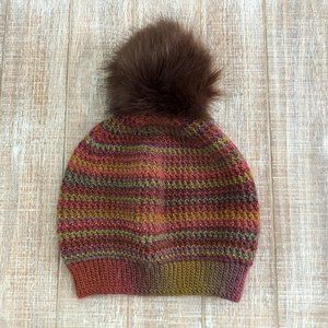 Handmade Crochet Brown PomPom Stripe Beanie Hat
